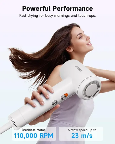 Vista 2 de momax Secador de pelo de alta velocidad – Mini secador de pelo con motor sin escobillas de 110,000 RPM, iónico negativo para secado rápido, bajo