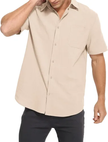 Vista 3 de TUREFACE Camisa casual con botones para hombre, camisas de vestir de algodón de manga corta