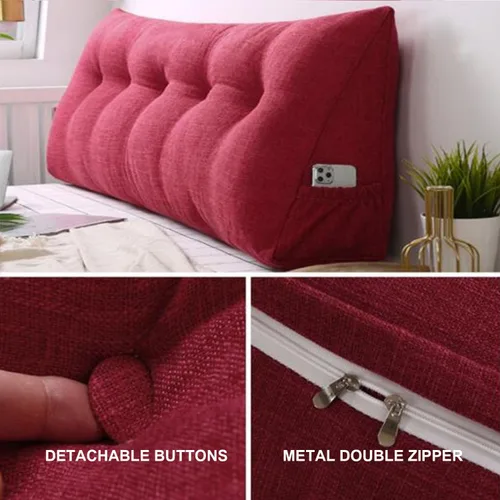 Vista 2 de Almohada triangular grande para cabecero de lectura, almohada de lino y algodón para sofá cama, cojín de apoyo de posicionamiento con funda Rojo