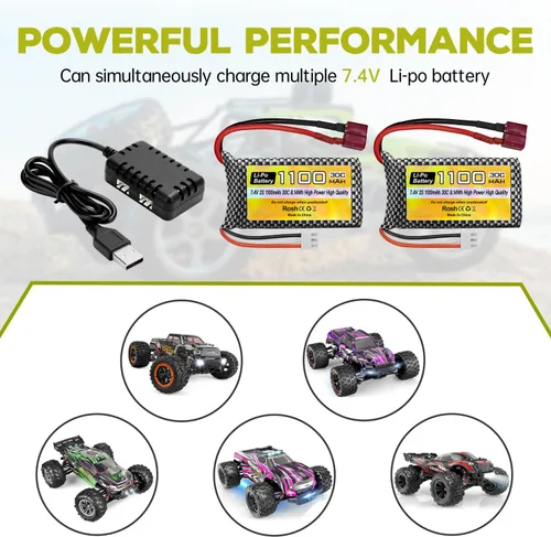 Vista 2 de sea jump Batería Lipo de 7.4 V 1100 mAh 2S con enchufe en T y 1 remolque 2 cargador adecuado para Haiboxing 18858 18859 18859A 16890A y XLH Q903