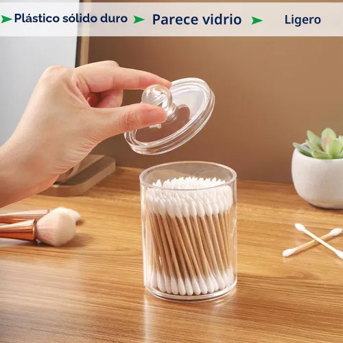Vista 2 de Recipiente para hisopos de algodón con tapa, dispensador de baño Qtip frascos de boticario, recipiente de algodón acrílico transparente para hisopos