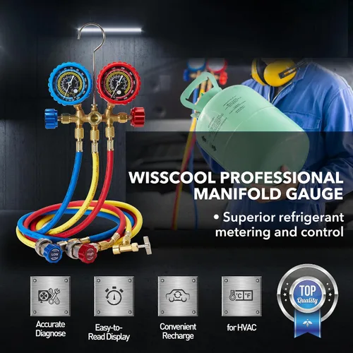 Vista 2 de WISSCOOL Juego de medidor de CA Calibradores de climatización para R134 R22 R12 R502, con mangueras de 5 pies acopladores adaptadores herramientas