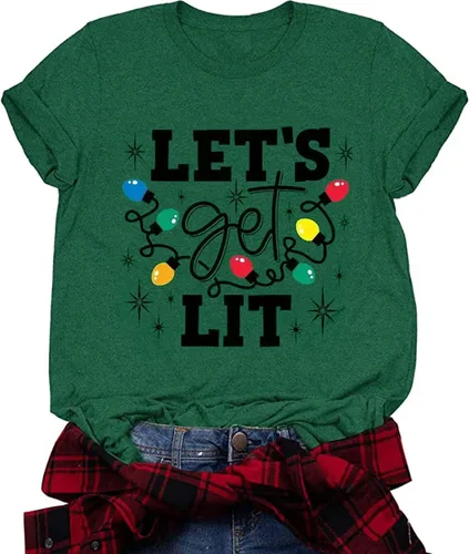 Vista 12 de Camisetas navideñas para mujer Let's Get Lit, camisa con lindo diseño gráfico de luces, manga corta, tops y camisetas de Navidad Gris-Carbón