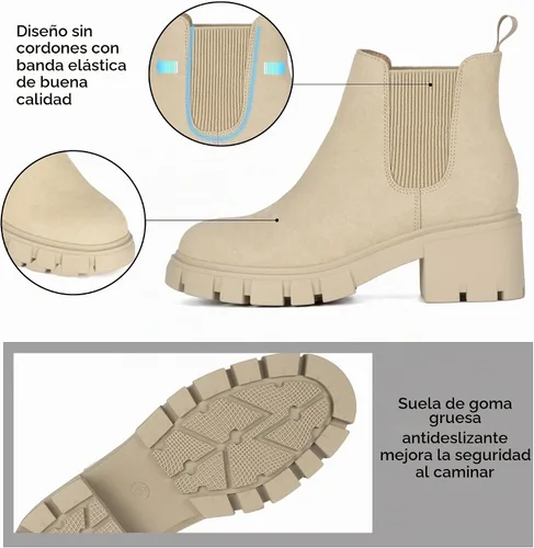 Vista 4 de Athlefit Botas Chelsea para Mujer con Suela Rugosa de Moda, Tacón Grueso, Botines de Tobillo Elásticos sin Cordones Albaricoque