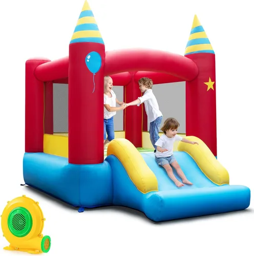 Vista 12 de BOUNTECH Casa inflable de rebote para niños de 3 a 12 años para interiores y exteriores con soplador de 480 W, área de salto, tobogán, juego
