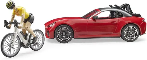 Vista 4 de Bruder Juguetes - Coche recreativo realista Roadster con soporte para bicicletas y bicicleta de carretera con figura de ciclista femenina, el techo