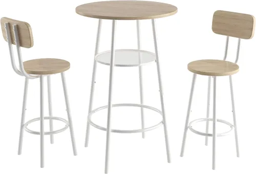 Vista 6 de Juego de mesa de bar de 3 piezas con 2 taburetes de bar, respaldo y partición, elegante y funcional (roble blanco)