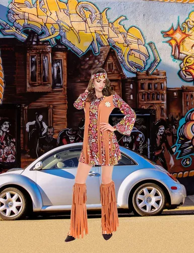 Vista 6 de Ainiel Trajes de discoteca de los años 60 y 70 para mujer, disfraz hippie, chaleco con flecos, ropa para mujer, gafas hippy, accesorios