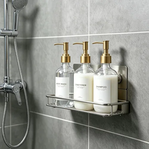 Vista 6 de Botellas dispensadoras de champú y acondicionador con bandeja de bambú Bomba Clear&gold