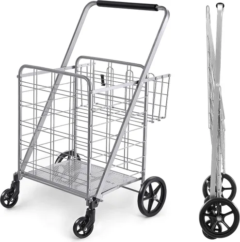 Vista 7 de Wellmax Carrito de comestibles plegable con ruedas, carrito utilitario de metal resistente con parte inferior de malla, cesta trasera adicional
