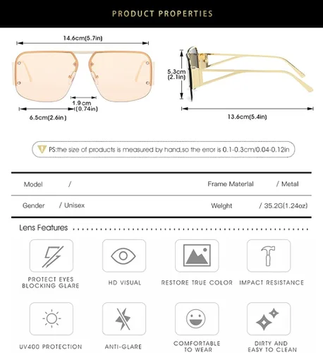 Vista 5 de BAODAREN Gafas de sol estilo aviador retro de moda para hombre y mujer, cuadrados, grandes, de metal, sin montura BS9000
