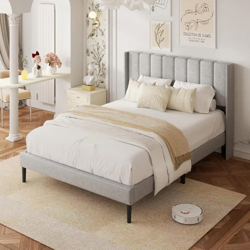 Vista 8 de HAOARA - Base de cama tamaño Queen con cabecera acolchada tapizada en terciopelo y diseño acanalado vertical y respaldo en forma de ala, base