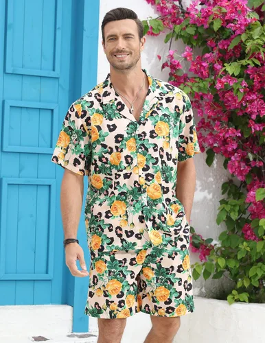 Vista 3 de LUCKYOUNG Conjunto de camisa hawaiana y pantalón corto para hombre, 2 piezas, camisa de manga corta con botones, trajes de vacaciones en la playa