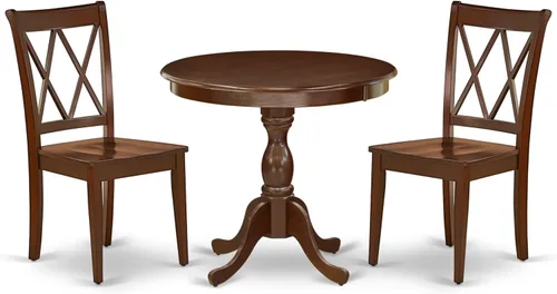Vista 21 de East West Furniture AMCL3-BCH-W - Juego de mesa de comedor de 3 piezas contiene una mesa de cocina redonda con pedestal y 2 sillas de comedor, 36 x