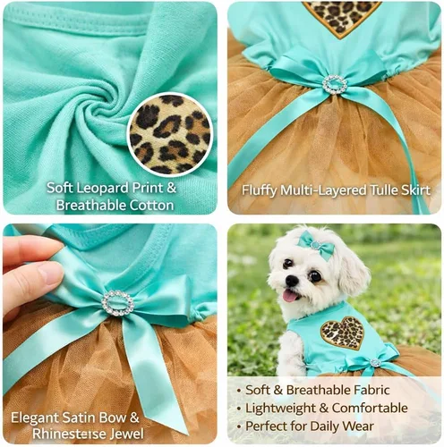 Vista 3 de Petitebella Vestido para perro cachorro con corazón de leopardo (azul aguamarina/dorado, talla XS)