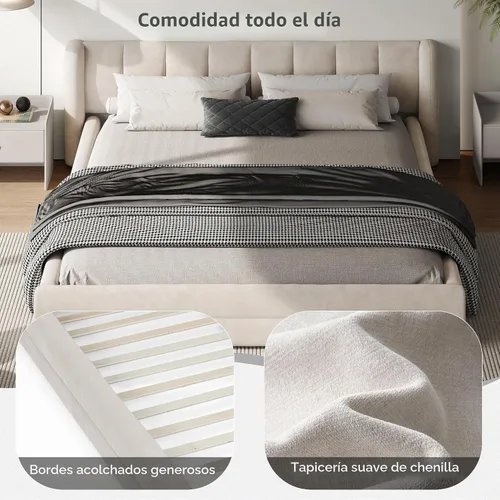 Vista 4 de Marco de cama tamaño Queen con cabecero suave tipo nube, base de cama de madera con tapizado de chenilla, no necesita somier - Beige Marco de cama