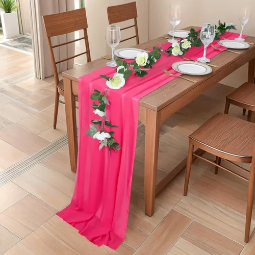 Vista 5 de DUOBAO Hot Pink Table Runner 10ft Chiffon Table Runner 29''x120'' Sheer Fabric for Wedding, Party, and Bridal Shower Decor