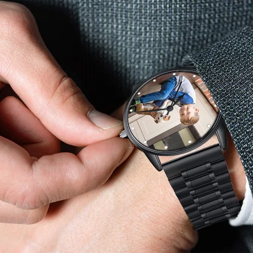 Vista 5 de Gemszoo Reloj de encargo de la foto del reloj personalizado de la foto del reloj del cuarzo de la malla del acero inoxidable para los hombres