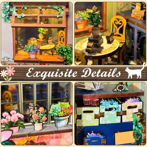 Vista 7 de Kit de rincón de libros – Kit de casa en miniatura de bricolaje con luz LED, rompecabezas de madera 3D, decoración de estantería estilo floristería