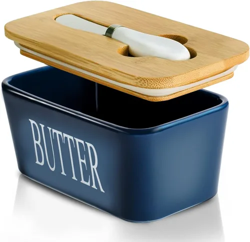 Vista 15 de Hasense Mantequillera con Tapa, Plato de Mantequilla de Cerámica con Cuchillo para Encimera, Recipiente Hermético Cubierto para Mantener Negro