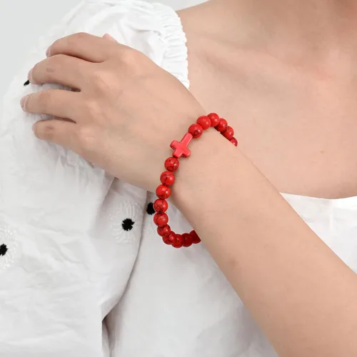 Vista 8 de Pulseras de cruz de cuentas de 0.315in para mujeres y hombres, pulsera elástica de oración para niños y niñas, regalos de cruz de amistad