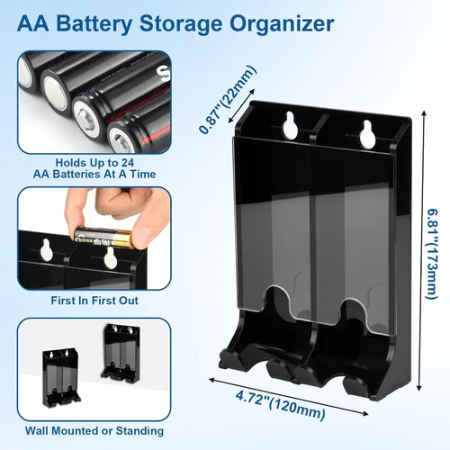 Vista 2 de Soporte organizador de baterías AA, dispensador de acrílico con capacidad para 22 baterías, organizador de montaje en pared, contenedor pequeño
