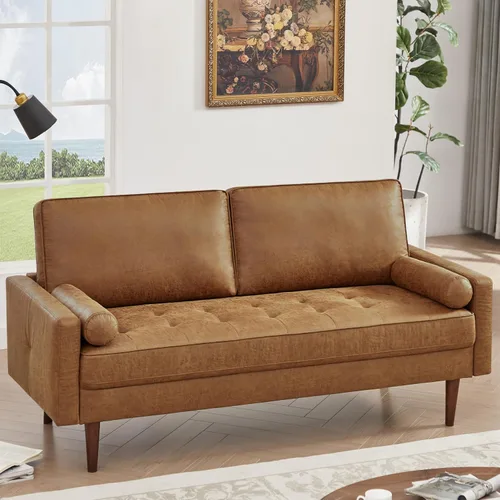 Vista 5 de 58" Loveseat Sofa Couch, Mid Century Modern Faux Leather Couch, Black Hand-Sewn Deep Love Seat & 2 Pillows, Home Sofa Living Room, Small Couches