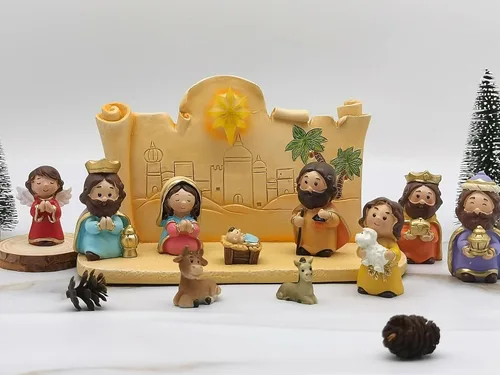 Vista 3 de Decoración Navideña Juego de Natividad en Miniatura, 11 piezas Juego de Figuras Religiosas de Decoración Navideña Incluye Escena del Establo