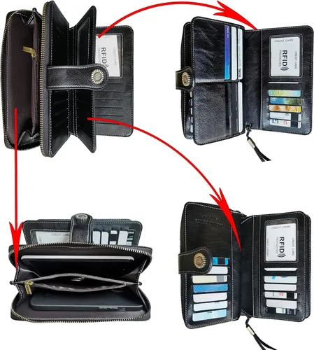 Vista 3 de VONCOSS Cartera larga con cremallera alrededor de las mujeres de gran capacidad, para tarjetas de crédito, soporte para teléfono, embrague