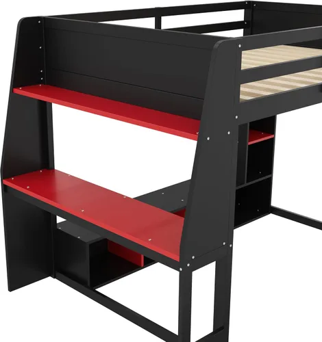 Vista 7 de KLMM Cama loft de madera creativa de tamaño individual con escritorio y estantes de almacenamiento múltiple, LED y un perchero para colgar ropa