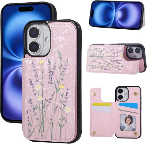 Vista 64 de UEEBAI Funda tipo cartera para iPhone 13 con tarjeteros, piel sintética, diseño floral, función atril, bloqueo RFID, doble cierre magnético, funda