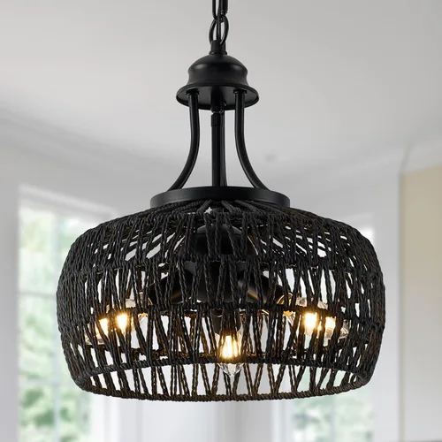 Vista 8 de Lámpara de araña bohemia de granja de 12.6 pulgadas para comedor, lámpara de ratán de 3 luces con pantalla tejida, iluminación colgante costera