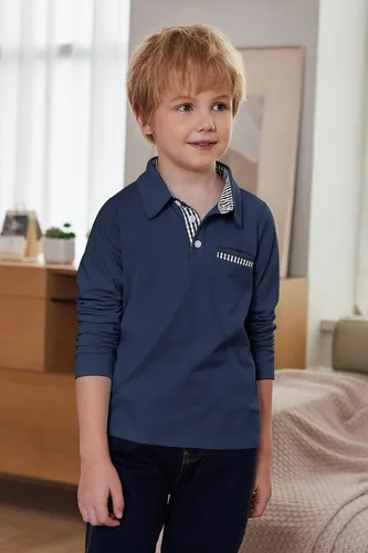 Vista 2 de Arshiner Polo de manga larga para niños, polo de algodón con bolsillo para niños