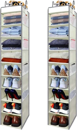 Vista 11 de Organizador de zapatos colgante de gran tamaño con 10 estantes, organizador de armario colgante resistente con 8 bolsillos laterales, estantes