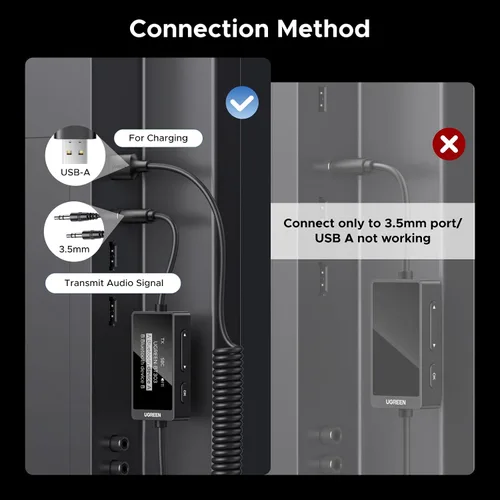 Vista 7 de UGREEN Receptor transmisor Bluetooth 5.4, dos pares de adaptador auxiliar de audio de 0.138 in con micrófono integrado para llamadas manos libres