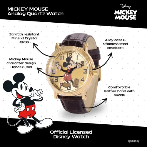 Vista 2 de Disney Mickey Mouse - Reloj de cuarzo analógico para adultos, Marrón, Reloj de cuarzo
