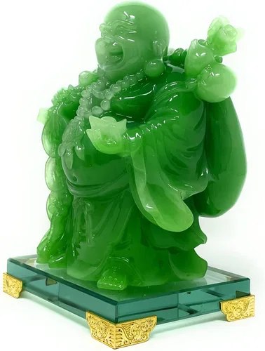 Vista 2 de Houlu Estatua de Buda sonriente de 8 pulgadas para decoración del hogar, figura verde de Buda feliz de la suerte, decoración de Buda