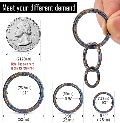 Vista 6 de KeyUnity Titanium Flat Key Rings, 332517.5mm Side Pushing Split Ring for Key Carabiner Flashlight Knife Dog ID Collar Tag