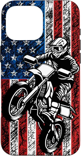 Vista 19 de Funda vintage con bandera estadounidense para iPhone 16 Motocross Dirt Bike