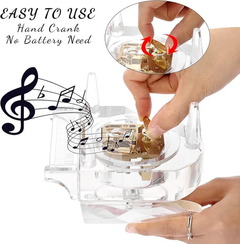 Vista 4 de Caja musical de cristal ELLDOO, caja musical decorativa de relojería con forma de piano, adorno de piano transparente, regalo romántico para niñas