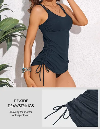 Vista 3 de ANFILIA Traje de baño deportivo para mujer, con cordón lateral, tela acanalada, control de barriga, traje de baño deportivo
