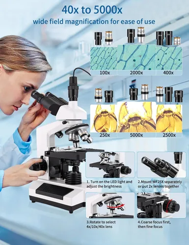 Vista 4 de Microscopios para adultos WF10x y WF25x Microscopio compuesto con portaobjetos de microscopio, kit de microscopios para niños, estudiantes, escuela