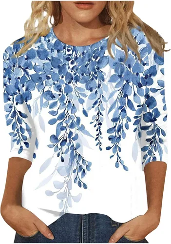 Vista 102 de Camisetas personalizadas para mujer, a la moda, casual, de séptima manga, estampada, cuello redondo, camiseta