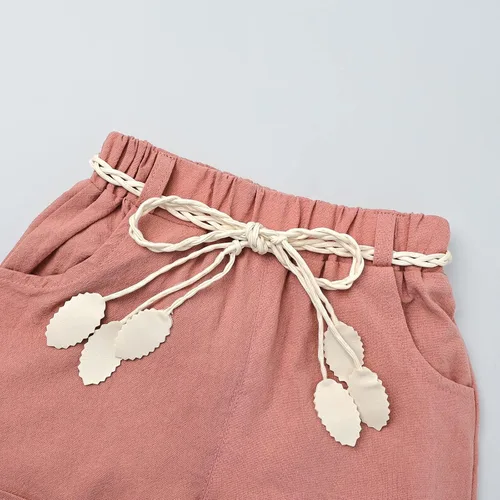 Vista 7 de FOCUTEBB Conjunto de ropa de verano para bebé niña, camiseta y pantalones cortos de lino con cinturón, lindo conjunto de ropa
