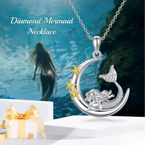 Vista 3 de LWXIE Diamond Moon Necklace for Women 925 Sterling Silver Black CatPandaSquirrelMermaidAxolotl Moon Graduation Friendship Necklace Talisman Diamond