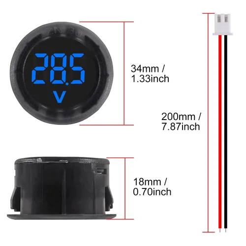 Vista 5 de 5 piezas DC 4-100V medidor de voltaje digital LED para auto, voltímetro de 2 cables redondo, medidor de voltaje y corriente digital DC, detector