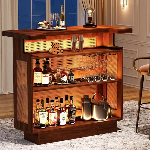 Vista 3 de Tribesigns: unidad de bar para el hogar de ratán, mesa de bar de 4 estantes estilo granja con 4 portavasos y base elevada, gabinete de bar