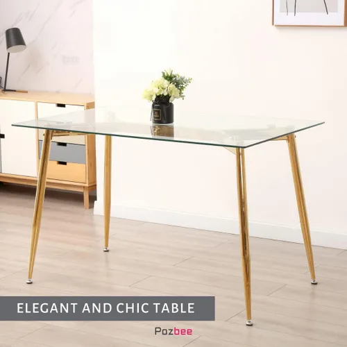 Vista 3 de Mesa de comedor rectangular de vidrio con patas doradas, mesa de cocina moderna de 47 pulgadas, rectangular, mesa de comedor cuadrada para 4
