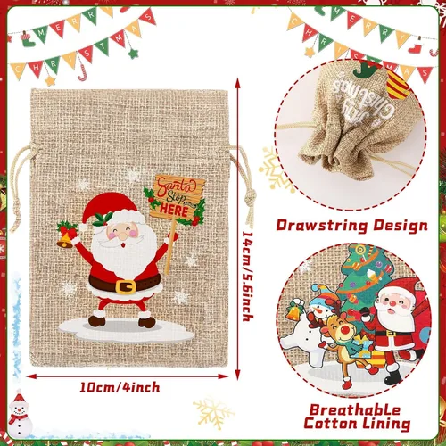 Vista 2 de JUNEBRUSHS Bolsas de arpillera de Navidad con cordón, paquete de 20 bolsas de regalo de Navidad, bolsas de golosinas, lindas bolsas de regalo