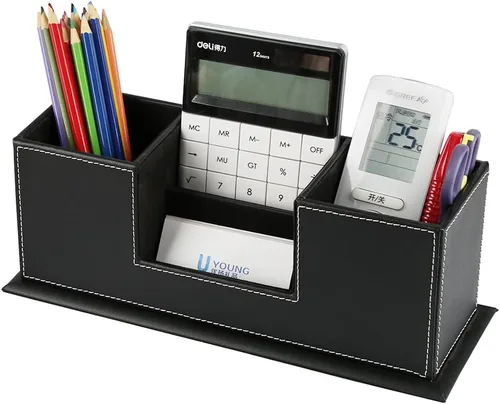 Vista 2 de KINGFOM Organizador de escritorio para suministros de oficina, caja de almacenamiento de piel sintética, 4 compartimentos divididos para bolígrafos